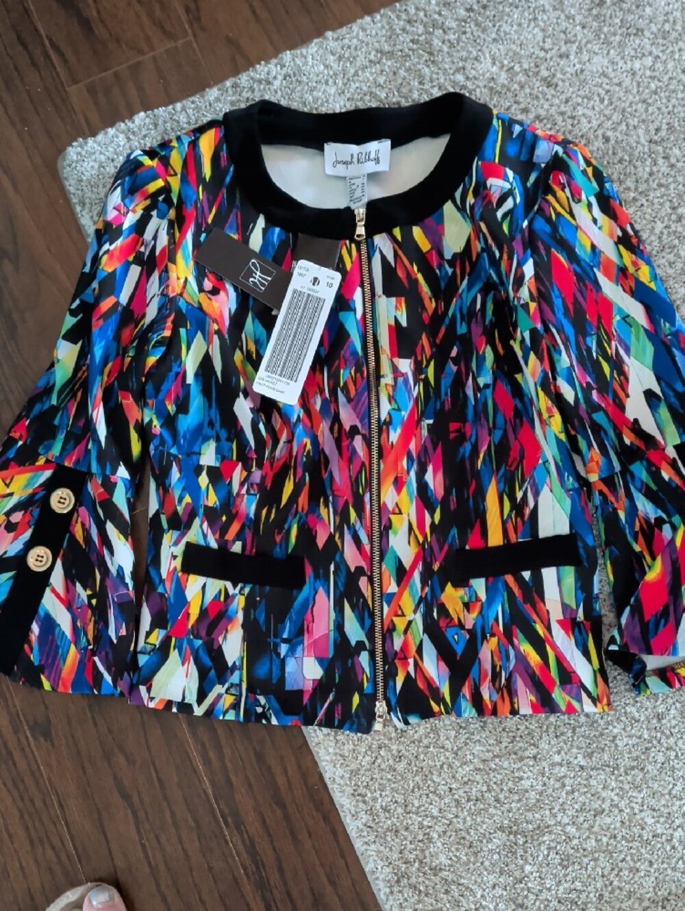Joseph Ribkoff Black Multi-Color Geometric Zip Jacket - Picture 3 of 5